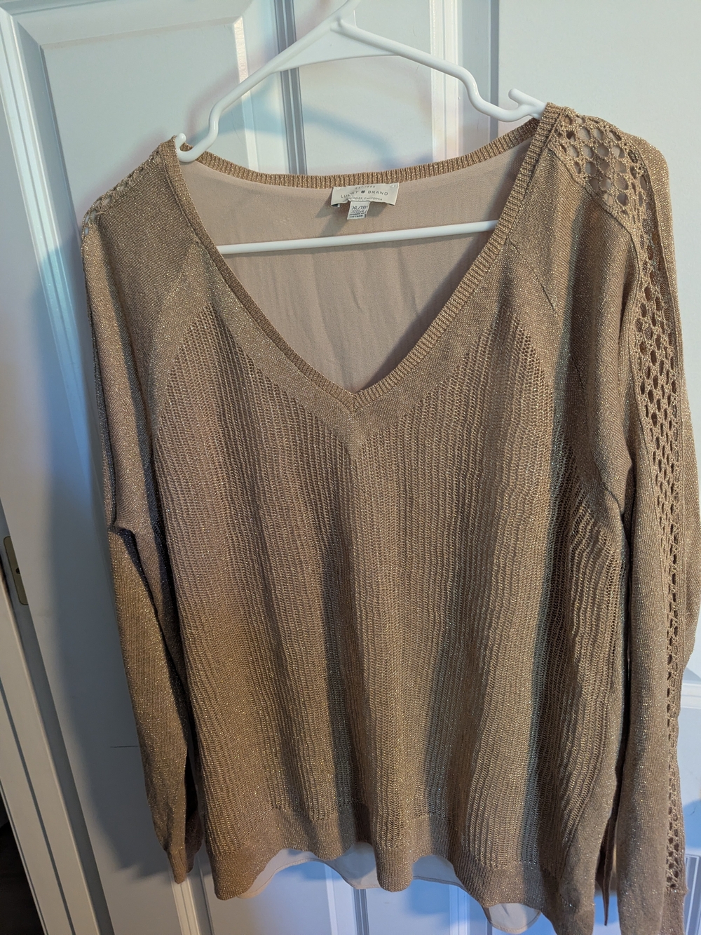 Lucky Brand Tan V-Neck Knit Sweater with Lace-Trim Sleeves